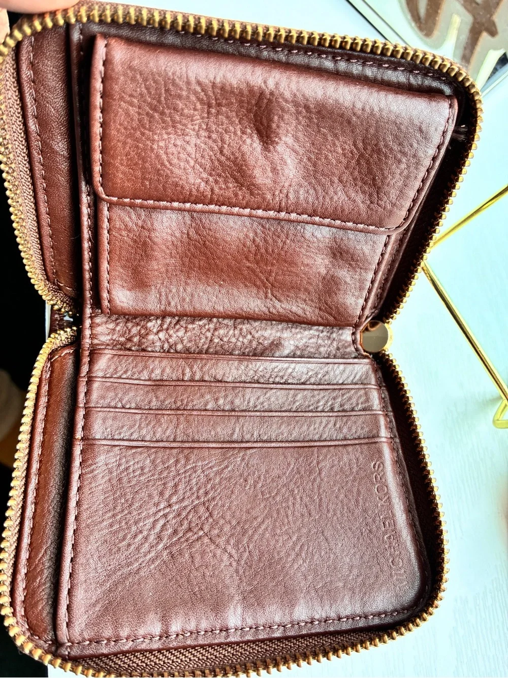 Michael Kors Brown Tan MK Monogram Zip Card Case
